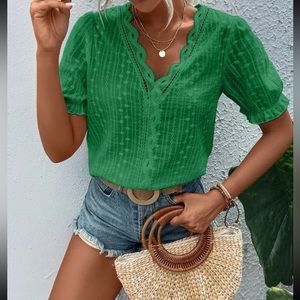 Boho green eyelet embroidery lace insert puff sleeve blouse
